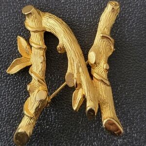 “N” Brooch Signed by Sarah Coventry in 1964; golden leaves on 3 bamboo branches